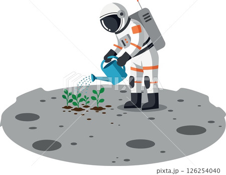 Astronaut watering plants on moon surface with watering can in space vector illustration 126254040