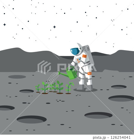 Astronaut watering plants on moon surface with stars in background vector illustration 126254041