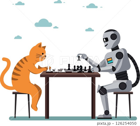 Robot and orange cat playing chess together on stools in friendly game vector illustration 126254050