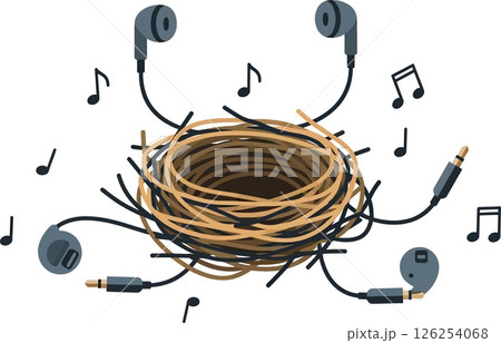 Audio earphone cables tangled in nest shape with music notes vector illustration Audio earphone cables tangled in nest shape with music notes vector illustration 126254068