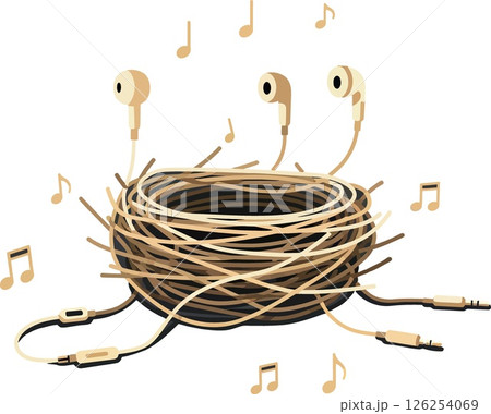 Earbuds and Nest with Musical Notes Vector Illustration of Sound and Audio Technology Earbuds and Nest with Musical Notes Vector Illustration of Sound and Audio Technology 126254069