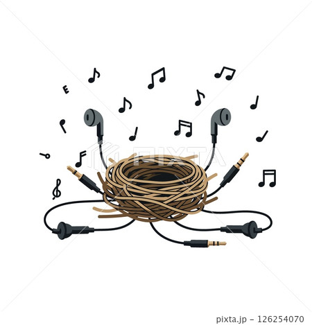 Earphones with tangled cables and floating music notes vector illustration design 126254070