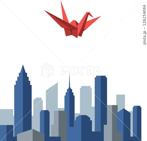 Red Origami Crane Flying Above Blue and Gray City Skyline Vector Illustration Red Origami Crane Flying Above Blue and Gray City Skyline Vector Illustration 126254084