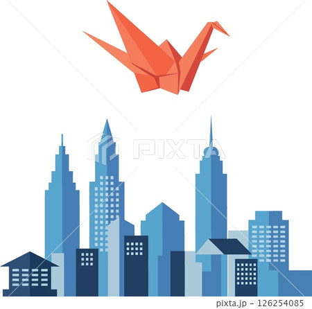 Origami crane flying above modern city skyline with blue buildings vector illustration Origami crane flying above modern city skyline with blue buildings vector illustration 126254085