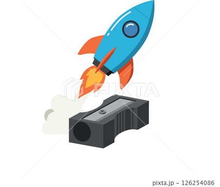 Blue rocket launching from pencil sharpener vector illustration with orange flames and smoke Blue rocket launching from pencil sharpener vector illustration with orange flames and smoke 126254086