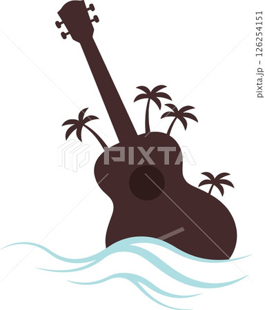 Acoustic guitar silhouette with palm trees and ocean waves vector illustration tropical music theme 126254151