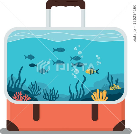 Suitcase Aquarium Illustration with Colorful Fish and Coral Reef Design for Travel and Leisure 126254160