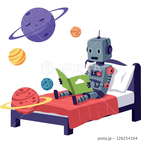 Robot reading book on bed with colorful planets floating in space-themed room vector illustration Robot reading book on bed with colorful planets floating in space-themed room vector illustration 126254164
