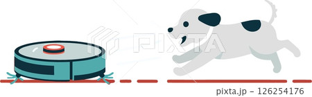 Dog chasing robot vacuum cleaner pet play activity vector illustration 126254176
