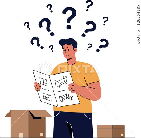 Confused man reading instruction manual surrounded by question marks vector illustration Confused man reading instruction manual surrounded by question marks vector illustration 126254185