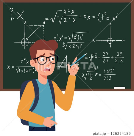 Confused student solving complex math problems on classroom chalkboard vector illustration 126254189
