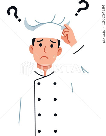 Confused male chef scratching head with question marks vector illustration Confused male chef scratching head with question marks vector illustration 126254194