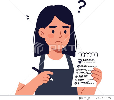 Confused woman holding a checklist with question mark and pen in hand vector illustration 126254229