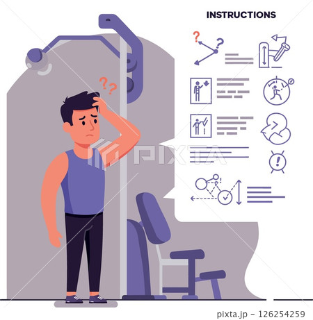 Confused man reading gym equipment instructions vector illustration in fitness center 126254259