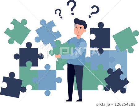 Man surrounded by floating puzzle pieces and question marks vector illustration 126254289