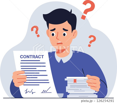 Confused man reading contract with question marks and documents vector illustration 126254291