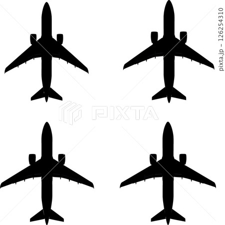 Airplane silhouettes top view set of four black vector illustrations for travel and transport design Airplane silhouettes top view set of four black vector illustrations for travel and transport design 126254310