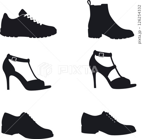Black silhouette shoes collection including sneakers boots heels and dress shoes vector illustration 126254332