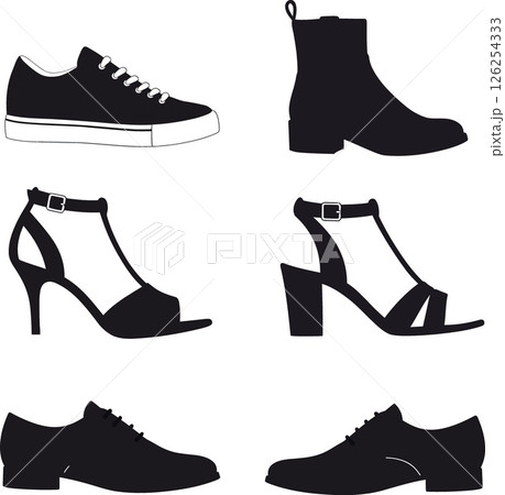 Various Shoe Types Silhouette Vector Including Sneakers Boots Heels Flats and Dress Shoes Various Shoe Types Silhouette Vector Including Sneakers Boots Heels Flats and Dress Shoes 126254333