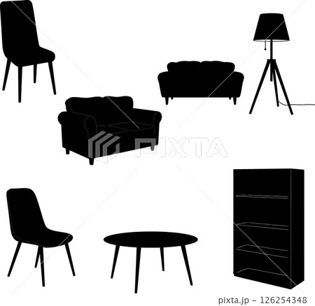 Modern furniture set with chairs sofa lamp table and shelf silhouettes vector illustration Modern furniture set with chairs sofa lamp table and shelf silhouettes vector illustration 126254348