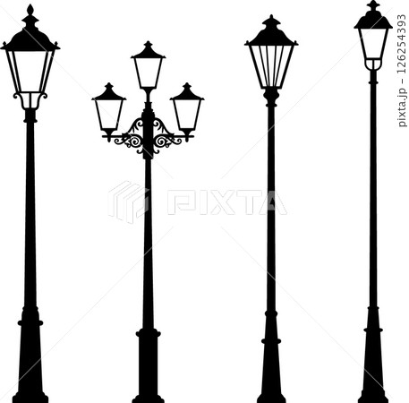 Vintage street lamp silhouettes vector set with classic design elements for urban lighting scenes 126254393