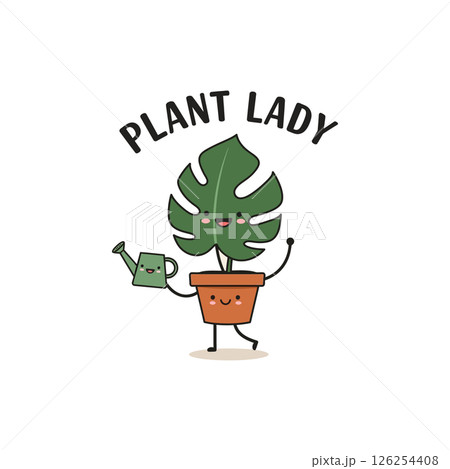 Cute Plant Lady Monstera Leaf Potted Plant Holding Watering Can Illustration for T-shirt Designs 126254408