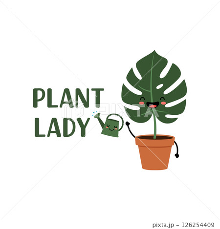 Plant lady with watering can cute cartoon vector illustration for t-shirt and craft projects 126254409