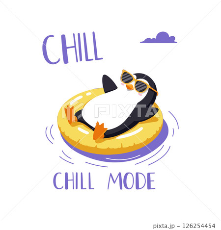 Relaxed penguin floating on yellow ring with sunglasses chill mode vector illustration 126254454