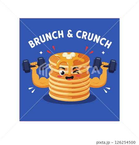 Pancake stack with muscular arms lifting dumbbells healthy brunch vector illustration for tshirt designs Pancake stack with muscular arms lifting dumbbells healthy brunch vector illustration for tshirt designs 126254500