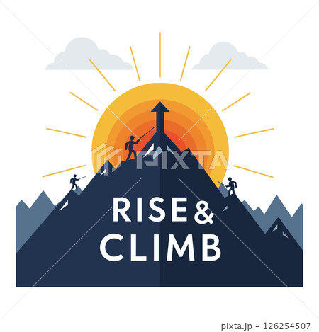 Mountain Climbing Vector Illustration with Sunrise and Motivational Text for Outdoor Projects 126254507