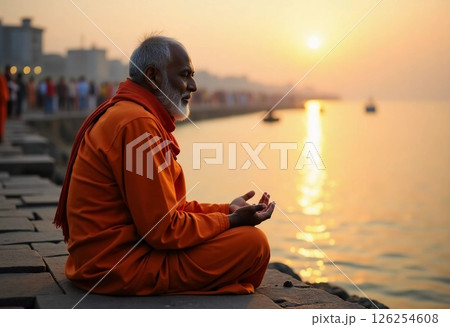 A serene monk sits cross-legged on the riverside stones at Varanasi, basking in the warm glow of the rising sun over the Ganges, embodying peace and spirituality amidst a vibrant morning AI 126254608