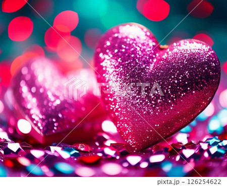 Shiny pink glitter hearts are scattered across a vibrant background filled with sparkling lights, setting a romantic mood for Valentine Day festivities and celebrations. Generative AI. 126254622