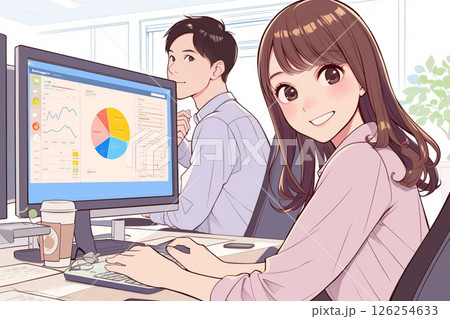 企業の業績資料を作成中のビジネスウーマン_イラスト3 126254633