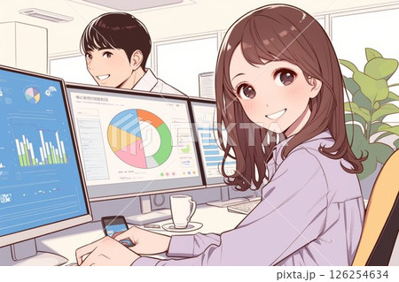 企業の業績資料を作成中のビジネスウーマン_イラスト2 126254634