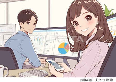 顔を上げた男女のビジネスパーソン_業績検討_イラスト2 126254636