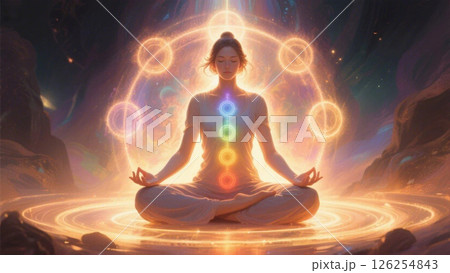 瞑想し、チャクラのエネルギーが循環する女性の身体図 瞑想し、チャクラのエネルギーが循環する女性の身体図 126254843