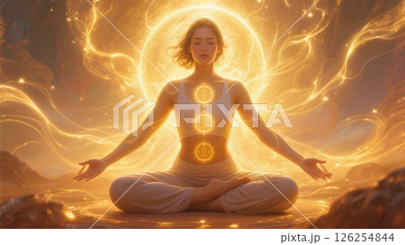チャクラが開かれ、エネルギーに満ち溢れるヨガをする女性 126254844