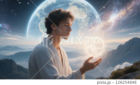 地球をバックに瞑想し、手にエネルギーを乗せる青年　宇宙とつながる魂の覚醒  126254848