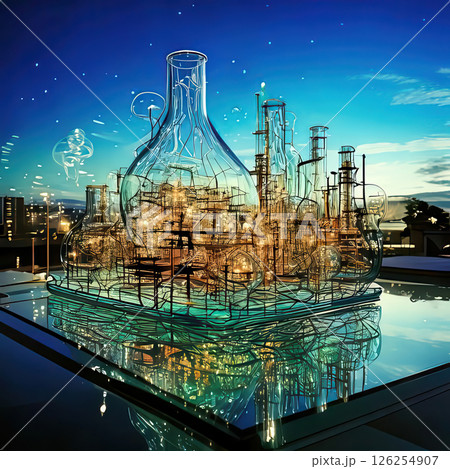 Intricate cityscape illuminated by glass structures under a starry evening sky. Generative AI 126254907