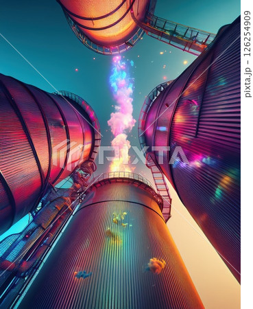 Colorful smoke rises from industrial towers during twilight in a vibrant urban landscape Generative AI 126254909