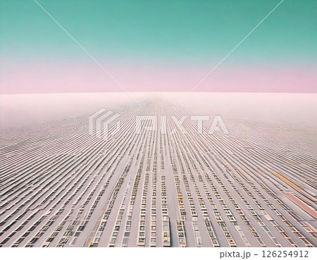 Unique perspective of an expansive landscape made of lines and patterns stretching towards the horizon at sunset. Generative AI 126254912