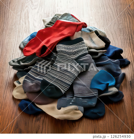 Collection of assorted socks in various colors and patterns on a wooden surface during daylight. Generative AI 126254930