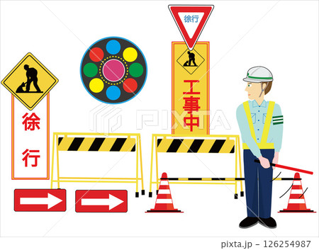 工事現場で交通誘導員が車を誘導している。 126254987