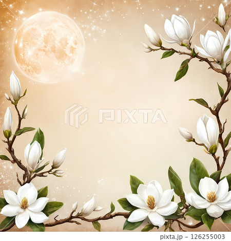 Delicate magnolia flowers gracefully adorn the corners of a soft, warm background, evoking a sense of peaceful serenity. A bright full moon casts a gentle glow, illuminating the ethereal petals and 126255003