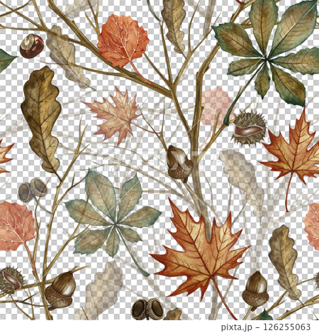 Seamless pattern with different autumn leaves and branches. Handmade watercolor illustration. Color image. Great for packaging, decor, textiles, wallpaper, for printing and wrapping paper. 126255063