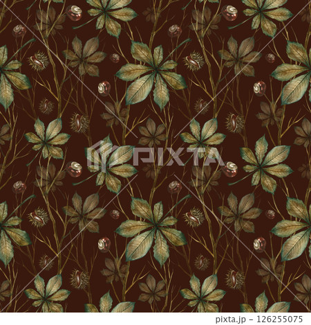 Seamless pattern with autumn chestnut leaves, twigs and fruits. Handmade watercolor illustration. On a dark background. Great for packaging, decor, textiles and wallpaper, printing and wrapping paper. 126255075