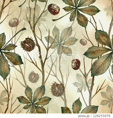 Seamless pattern with autumn chestnut leaves, twigs and fruits. Handmade watercolor illustration. On a colored background. For packaging, decor, textiles and wallpaper, for printing and wrapping paper Seamless pattern with autumn chestnut leaves, twigs and fruits. Handmade watercolor illustration. On a colored background. For packaging, decor, textiles and wallpaper, for printing and wrapping paper 126255079