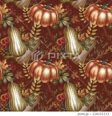 Seamless autumn pattern with pumpkins and various plant elements. Handmade watercolor illustration. On a dark background. For packaging, decor, textiles, wallpaper, printing and wrapping paper. Seamless autumn pattern with pumpkins and various plant elements. Handmade watercolor illustration. On a dark background. For packaging, decor, textiles, wallpaper, printing and wrapping paper. 126255113