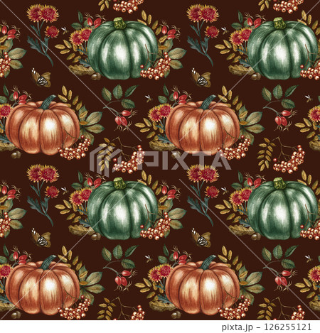Seamless autumn pattern with pumpkins and various plant elements. Handmade watercolor illustration. On a dark background. For packaging, decor, textiles, wallpaper, printing and wrapping paper. Seamless autumn pattern with pumpkins and various plant elements. Handmade watercolor illustration. On a dark background. For packaging, decor, textiles, wallpaper, printing and wrapping paper. 126255121