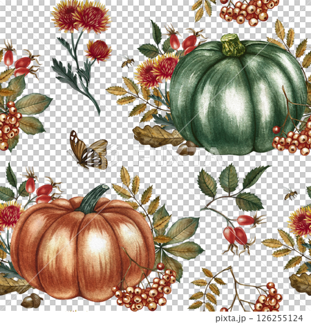 Seamless autumn pattern with pumpkins, leaves and flowers. Handmade watercolor illustration. Color image. For packaging, decor, textiles, wallpaper. As well as for printing and wrapping paper. 126255124